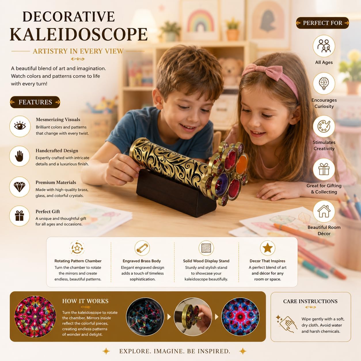 Handcrafted Etched Lacquered Brass Kaleidoscope | Floral Engraved with Dual Separate Turning Wheels | Vintage Decorative Gift (7”x1.5”) image 3