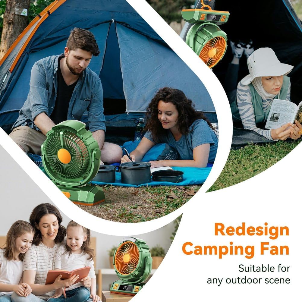 20000mAh Rechargeable Battery Powered Outdoor Tent Fan with Light and Hook, 6 Speed, Personal USB Desk Fan for Camping, Fishing, Power Outage,Hurricane