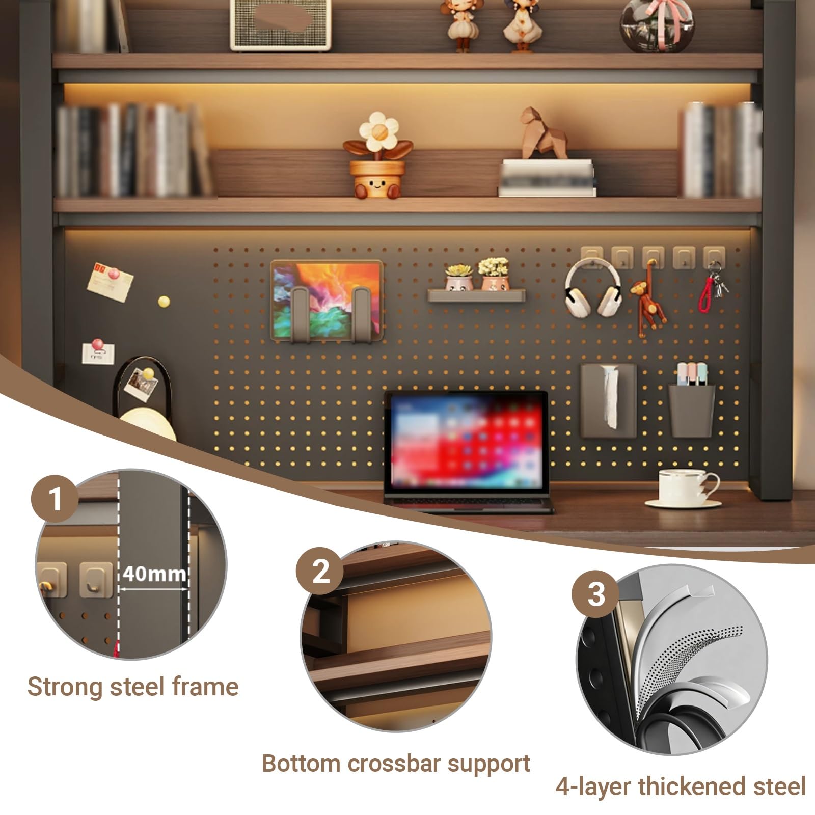 Mensola da scrivania a 2/3/4 livelli con pannello forato e accessori, libreria da scrivania in metallo, organizer da scrivania fai-da-te, per tavolo da studio(Black+Black,(2-Tier)37.4x10x26")