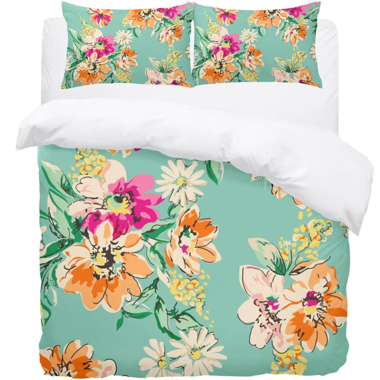 Housse de couette et 2 taies motif floral pour un lit Queen size effet jardin de printemps