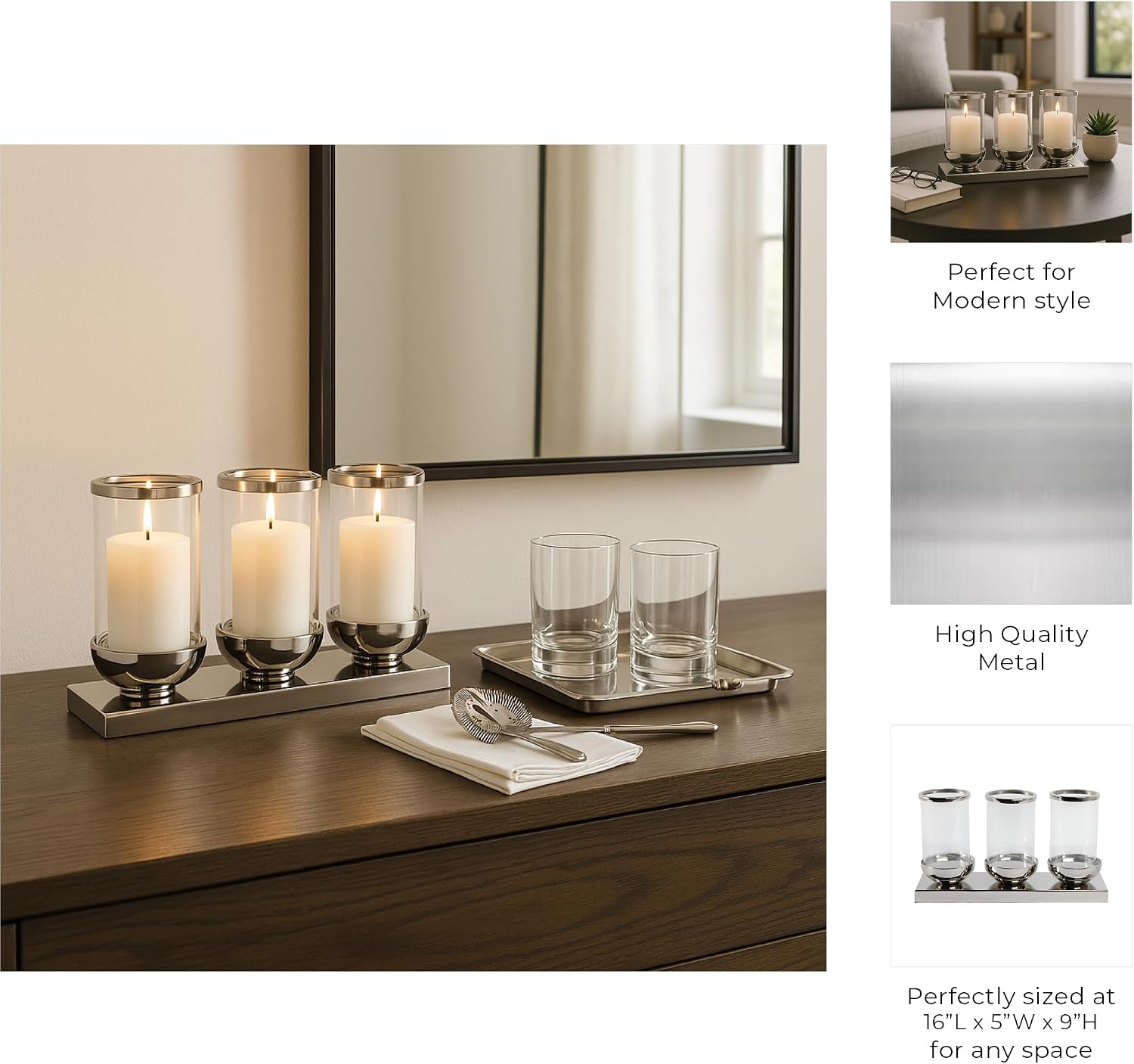 Sleek 3-Candle Centerpieces for Tables - Elegant Metal and Glass Candle Holder for Pillar and Taper Candles - Wedding Candle Decor, Coffee Table Decor, and Modern Home Display Accents - 9" Silver