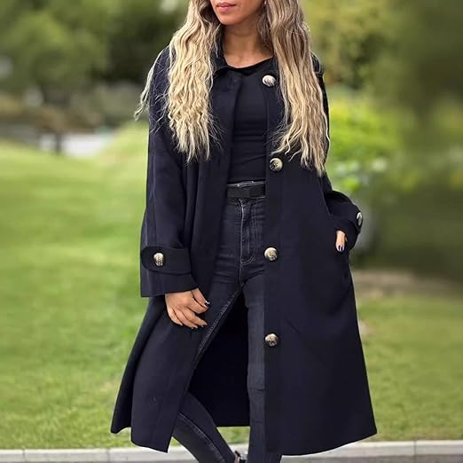 FUPODD Damen Wintermantel Lang - Eleganter Trenchcoat Mit Knöpfen