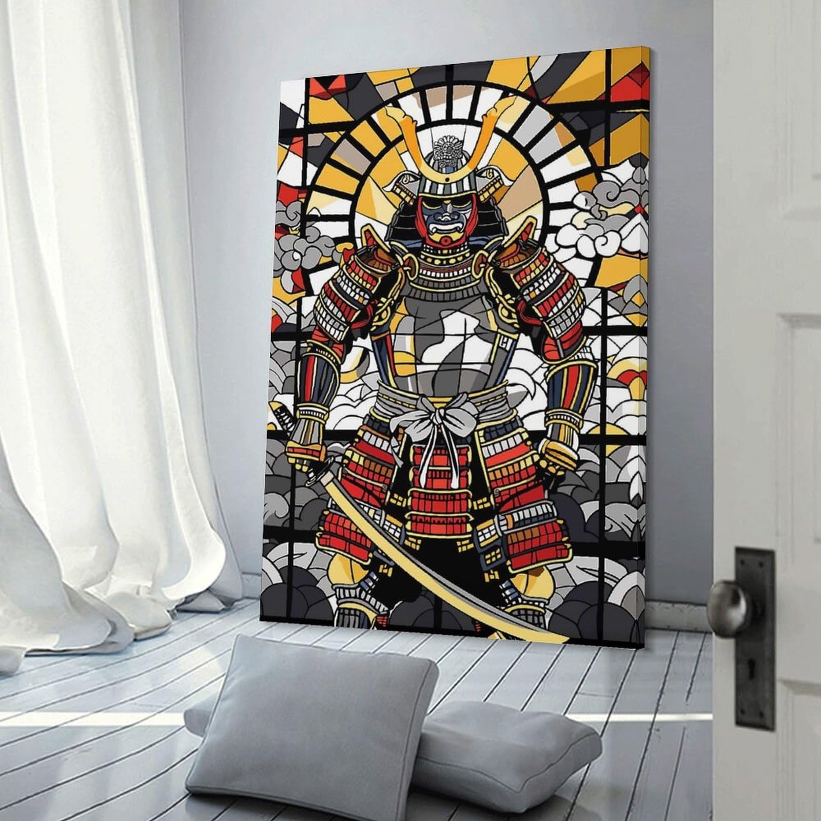 Junmoney Samurai Warrior in Stained Glass Style Canvas Wall Picture 24x36inch(60x90cm), for Living Spaces, Bedrooms Or Relaxed Rooms, Modern Wall Decor for Cosy Interiors