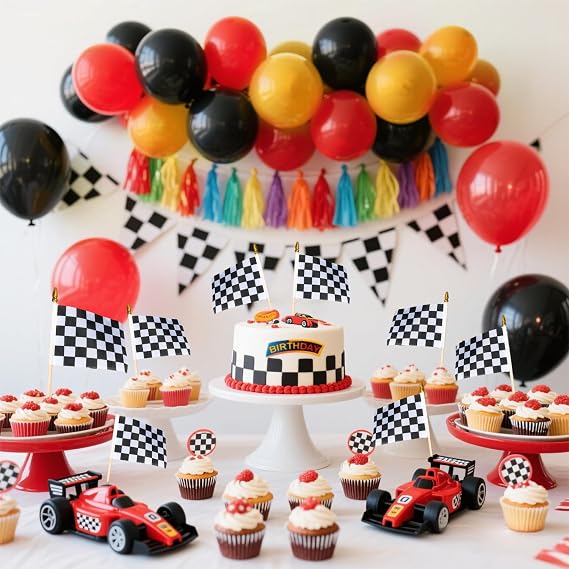 HOOSUN 12 Pack Checkered Flag On Sticks,6x4 Flags For Race Car Birthday Party Supplies,Double Sided Print Racing Stick Flag Race Cars Party Decorations,Black White Checkered Mini Flags for Room