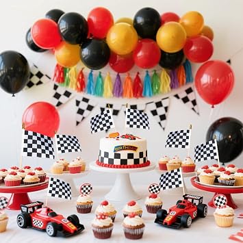 HOOSUN 12 Pack Checkered Flag On Sticks,6x4 Flags For Race Car Birthday Party Supplies,Double Sided Print Racing Stick Flag Race Cars Party Decorations,Black White Checkered Mini Flags for Room