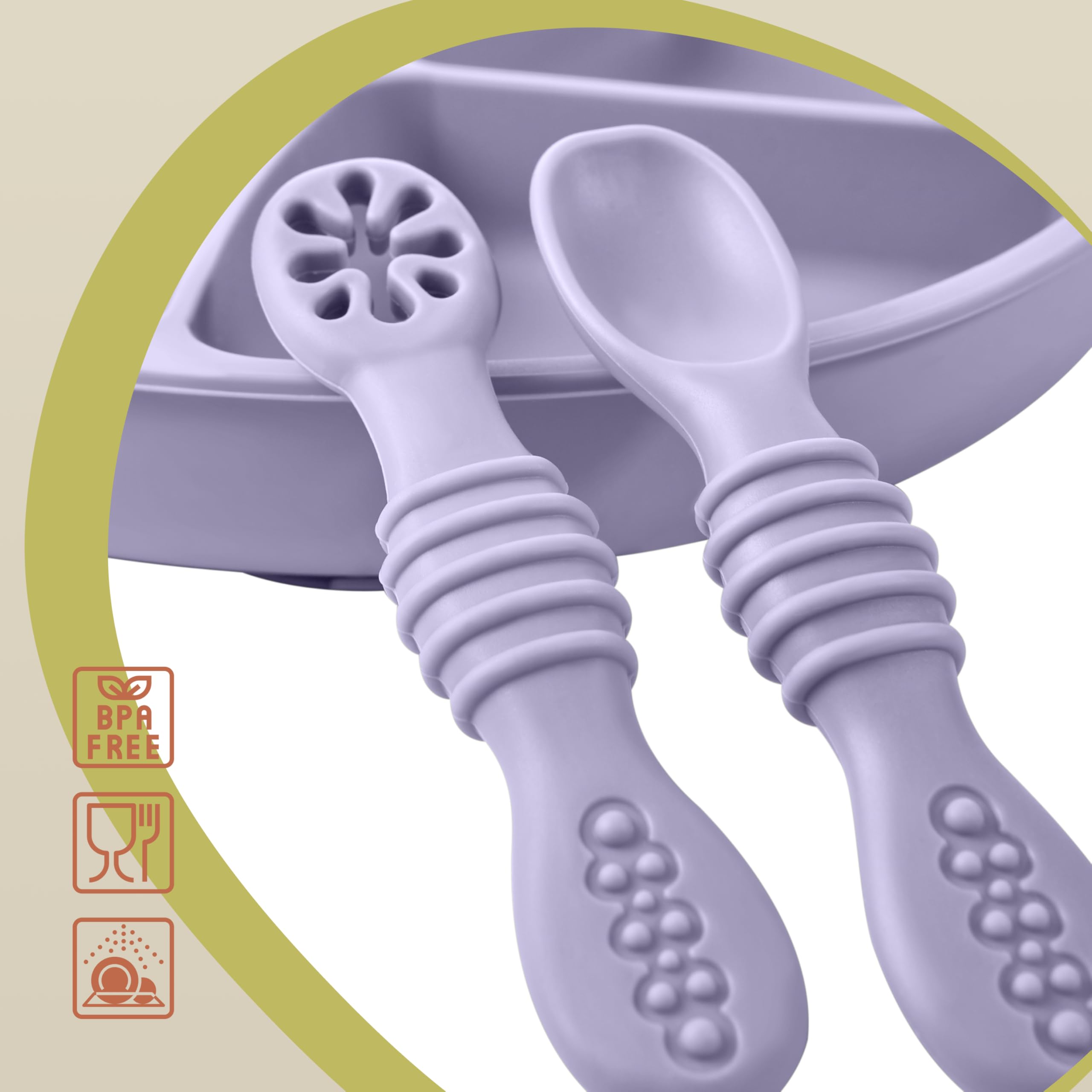 Cucharas Bebé 6 Meses BLW – Set 2 Cubiertos Bebé Silicona LFGB | Cucharas Aprendizaje Antiahogo | Fácil Agarre | Sin BPA | PequeLuz