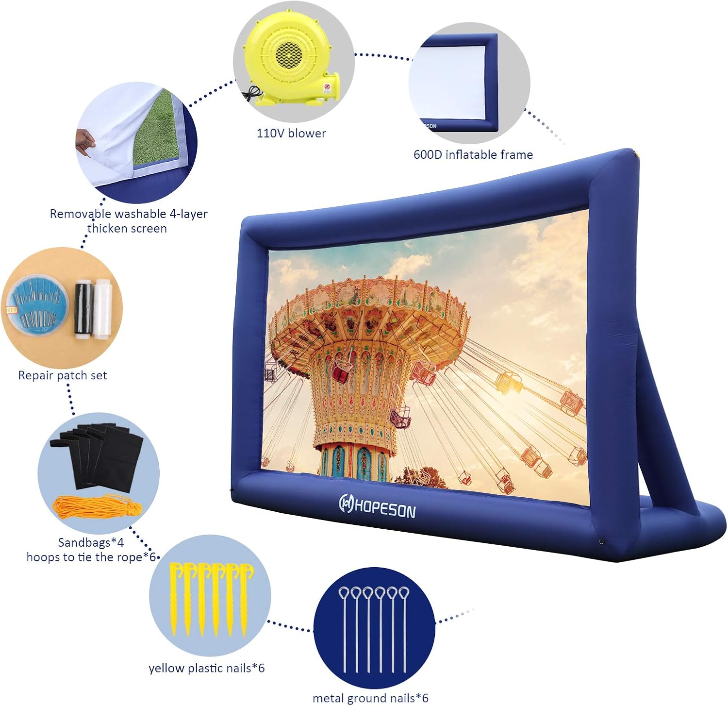 Best Deal Cheap 🛒 Hopeson 16 Feet Outdoor Inflatable Movie Projector Screen Portable Blow Up TV Projector Screen Motorized Blue Theater Screen Backyard Rear Projection