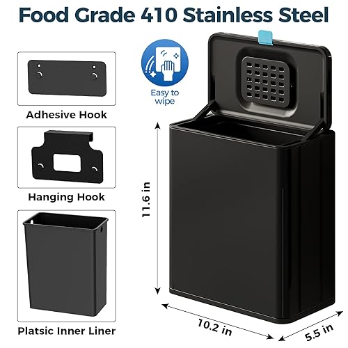 Miniatura 6 de LINSSEN Basurero colgante de acero inoxidable con tapa y cubo interior, contenedor de compost de cocina de 2 galones para encimera, debajo del