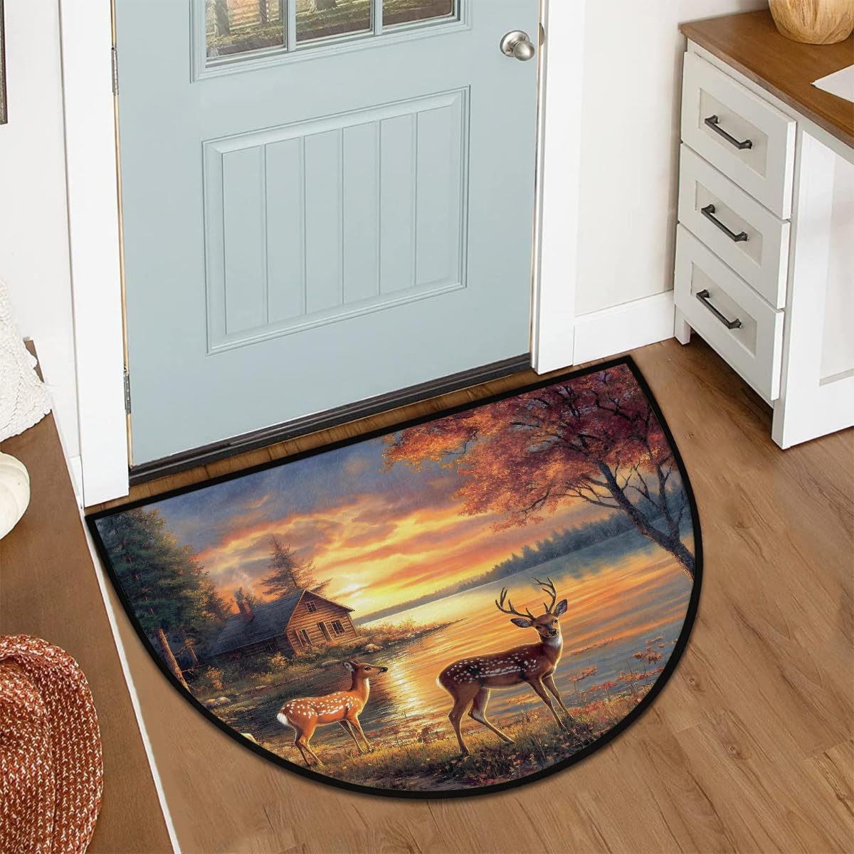 Fall Sunset Thanksgiving Deer Half Round Doormat Washable Semi Circle Rug Non Slip Half Moon Rug Floor Mat for Indoor Outdoor Bathroom Kitchen Fireplace Entryway Bath Holiday Decor