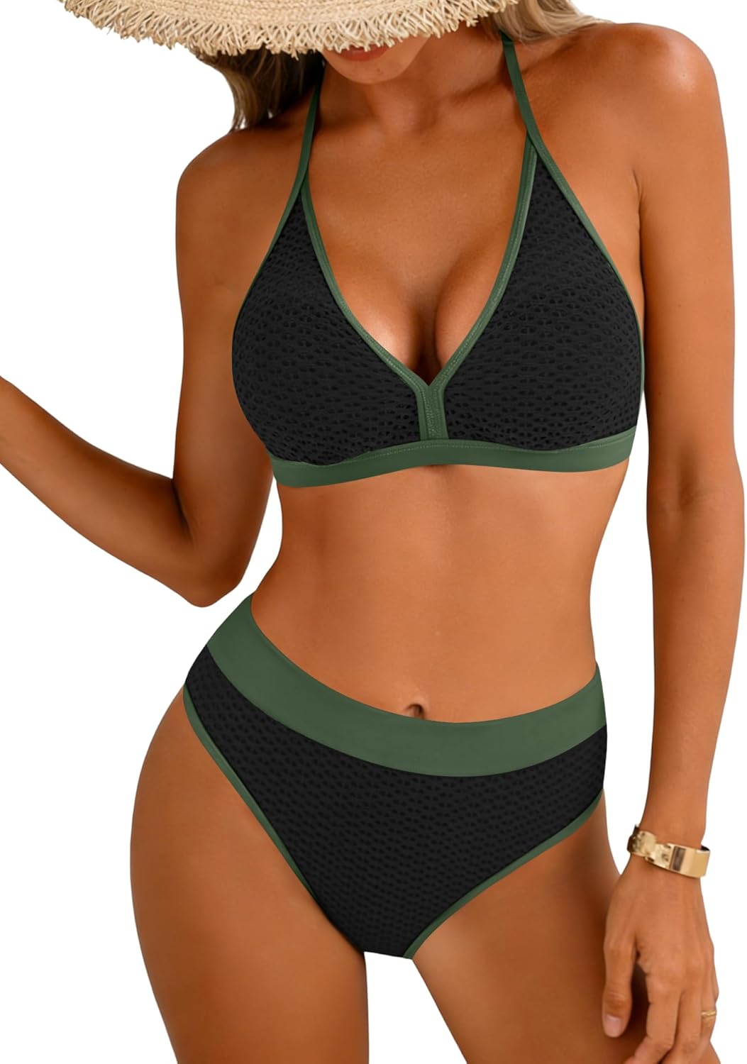 Bikini Sets for Women Halter V Neck Two Piece Swimsuit Mid Rise Textured Bathing Suits