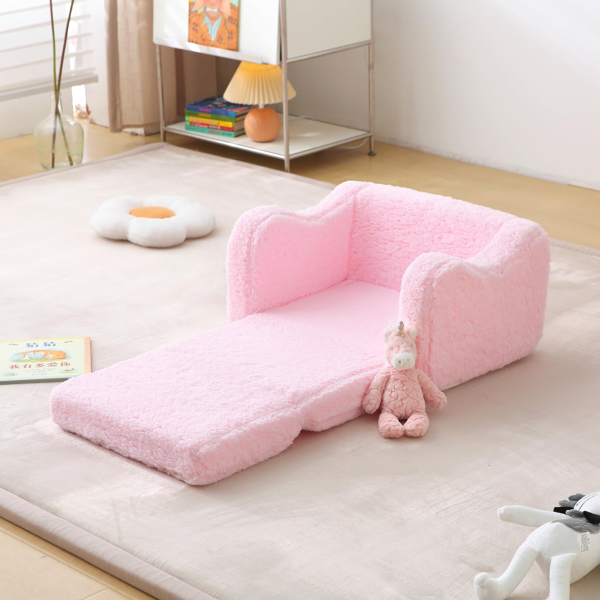 Sofá infantil para niños pequeños, sofá 2 en 1 de sherpa suave para bebés de 1 a 3 años de edad, plegable, sofá convertible para niñas y niños (rosa) 7