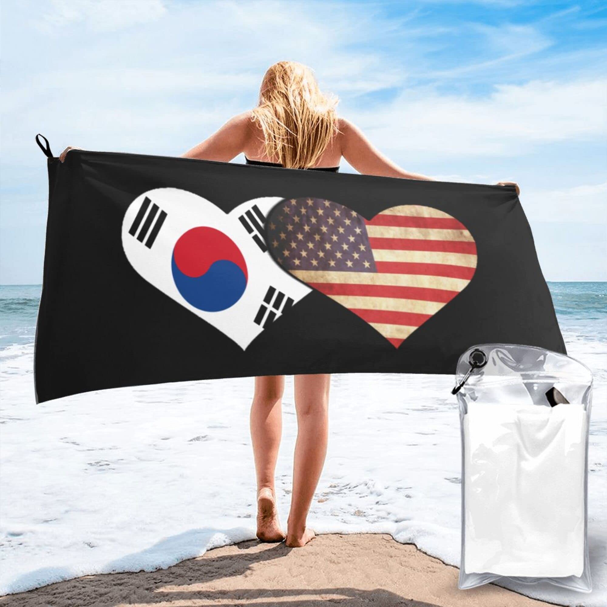Lsjuee South Korea and American Flag Microfiber Beach Towel-Quick Dry Oversized Towels Blanket for Travel Pool Camping