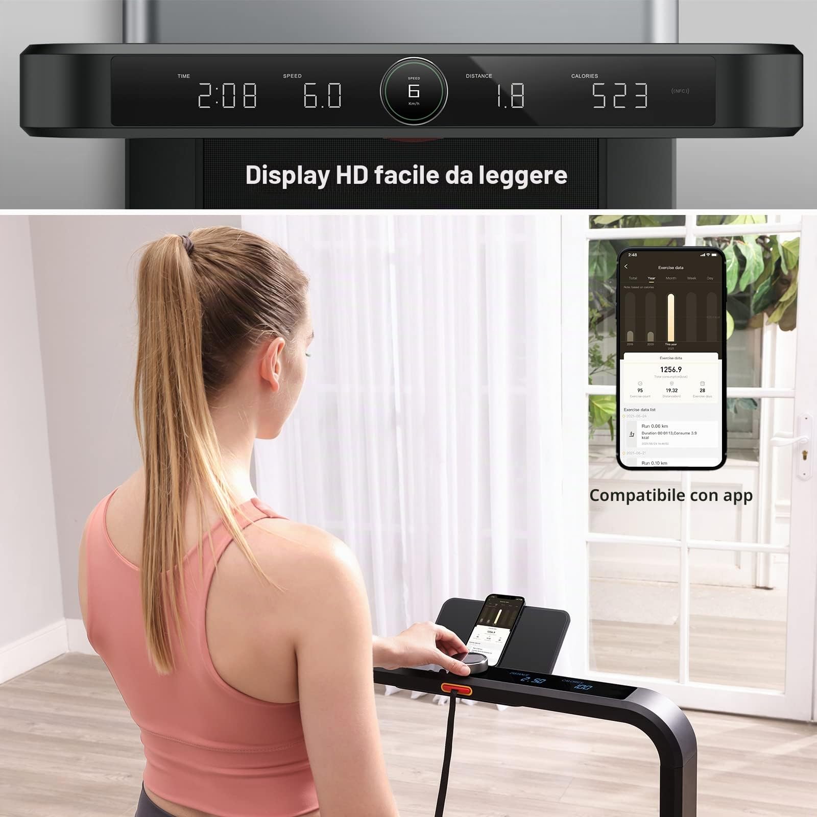 WalkingPad X21 Tapis Roulant Elettrico Pieghevole, Doppio Pieghevole, 12 km/h, Display LED Multifunzione, Salvaspazio, Nessun Montaggio Richiesto, Ruote