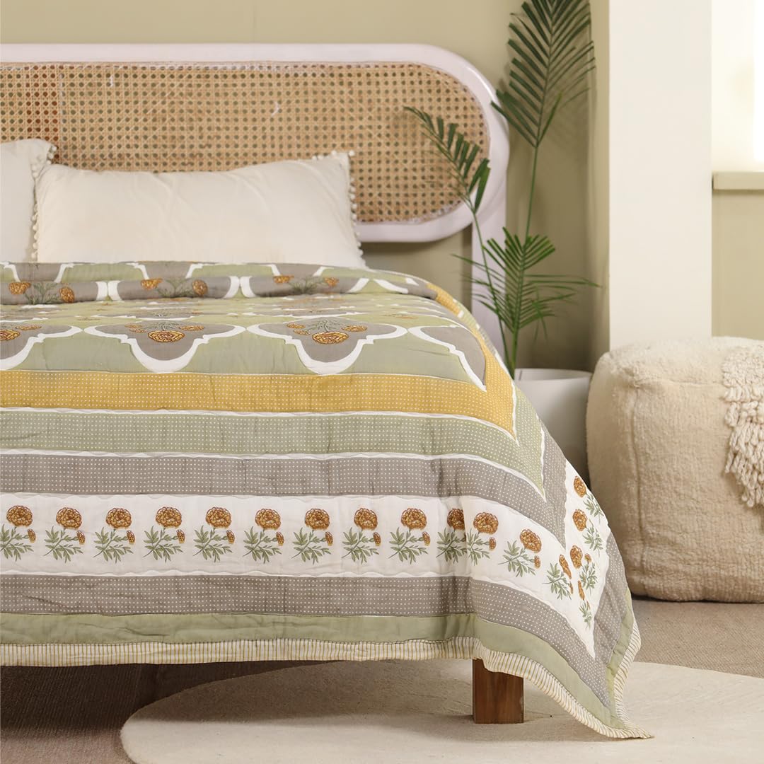 Peepul Tree Cotton Jaipuri Quilt for Double Bed | Ivory, Taupe and Mustard Fine Cotton Quilt Blanket | Jaipuri Razai Marigold Collection | 90 x 108 Inches-image-38