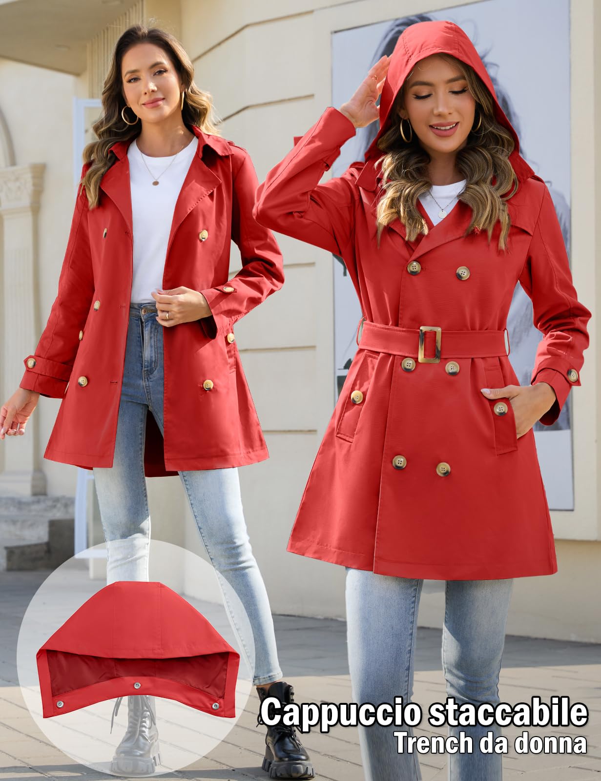 Tuopuda Trench da Donna a Doppiopetto Cappotto Lungo Giacca Leggero Classico Trench Impermeabile Antivento Trenchoat per la Primavera e L'autunno
