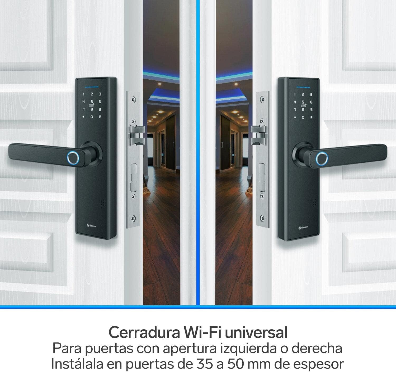 Cerradura inteligente Steren LOCK-500 instalada en una puerta, mostrando compatibilidad universal