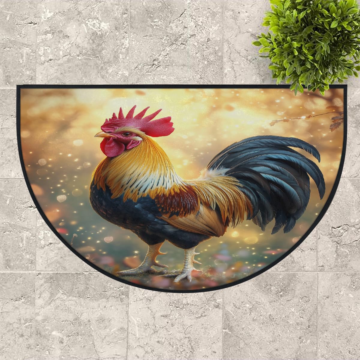 Mexpekil Paillasson demi-rond en demi-lune avec signes du zodiaque coq pour intérieur et extérieur - Lavable - Absorbant la saleté - 100 x 160 cm