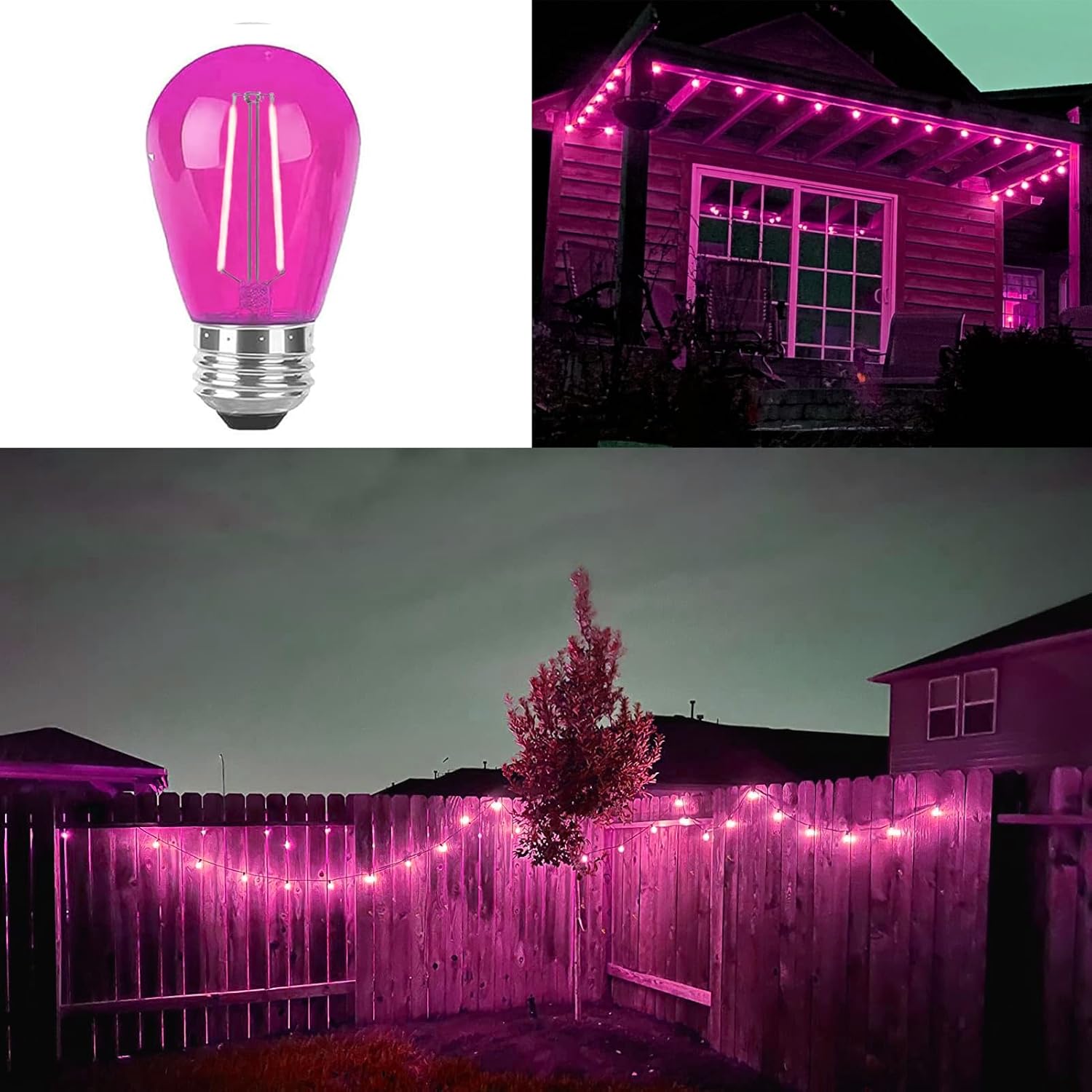 S14 Pink LED Bulb S14 Replacement Light Bulbs 2W Plastic Shatterproof LED Night Bulb E26 Base Pink String Lights Waterproof Vintage Bulb for Christmas Wedding Party Patio,15 Pack