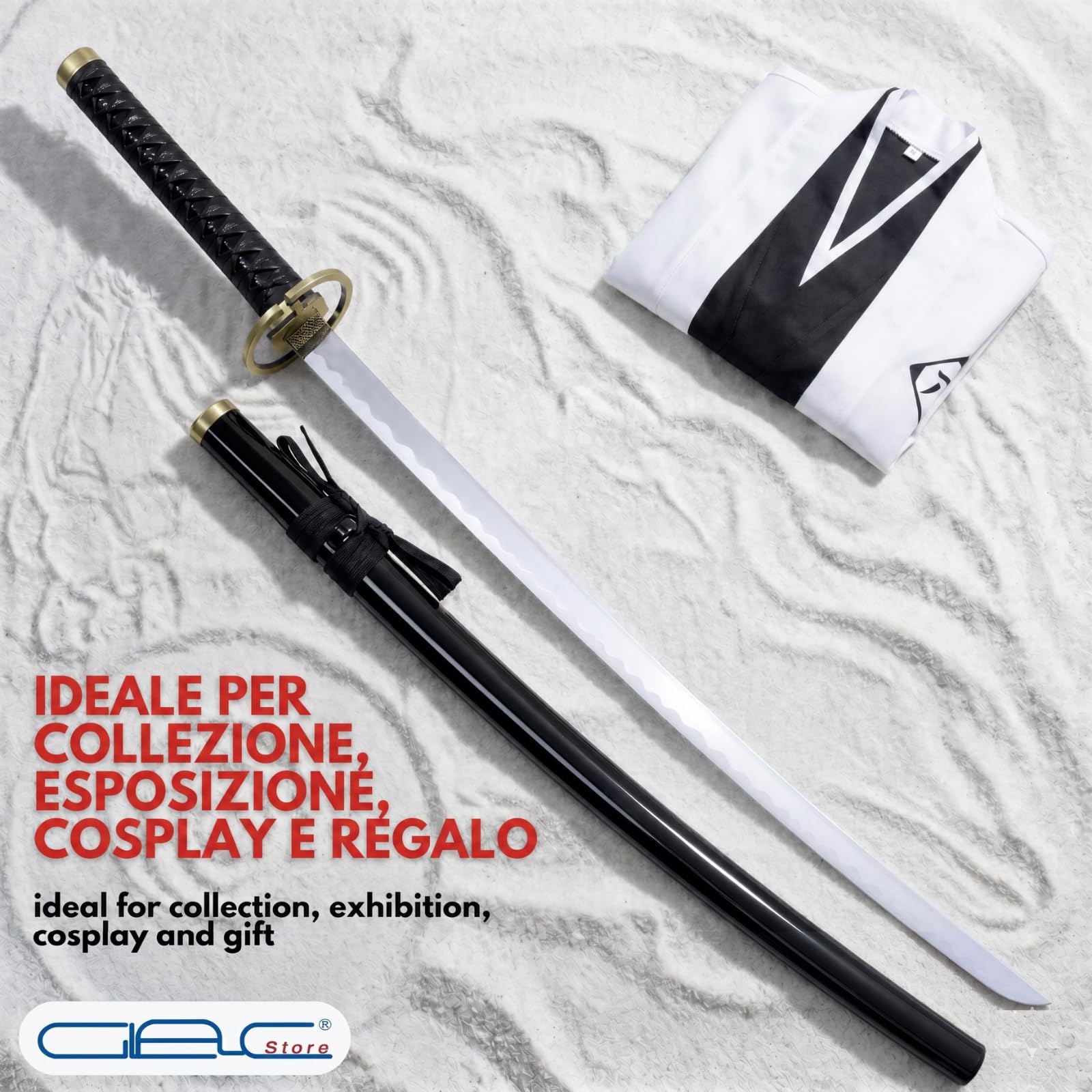 Katana Ornamentale Ispirata alla Spada di Gin Ichimaru da Bleach – Replica Anime in Acciaio con Fodero in Legno e Tsuba in Metallo – Katana Decorativa Cosplay da Collezione 102 cm