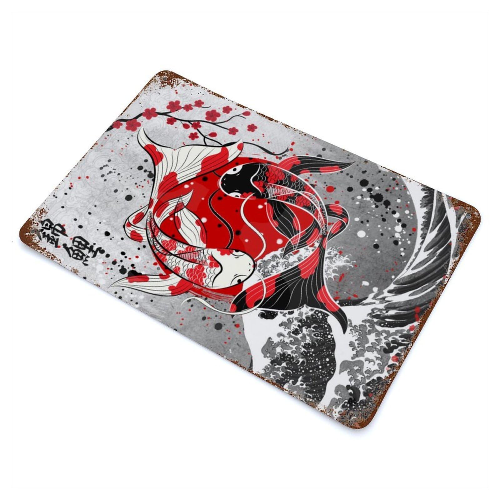 Yin Yang Koi Fish Decorative Tin Sign 11.8"x7.9", Ideal for Basement, Hobby Room And Garage Decor
