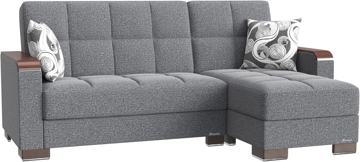 Ottomanson Convertible Chaise Lounge Sleeper with Hidden Storage & Click-Clack Sit-to-Sleep Conversion – Wood Trim Arm, Firm Support Chaise Sofa Bed for Living Room, Apartment & Guest Room, Gray