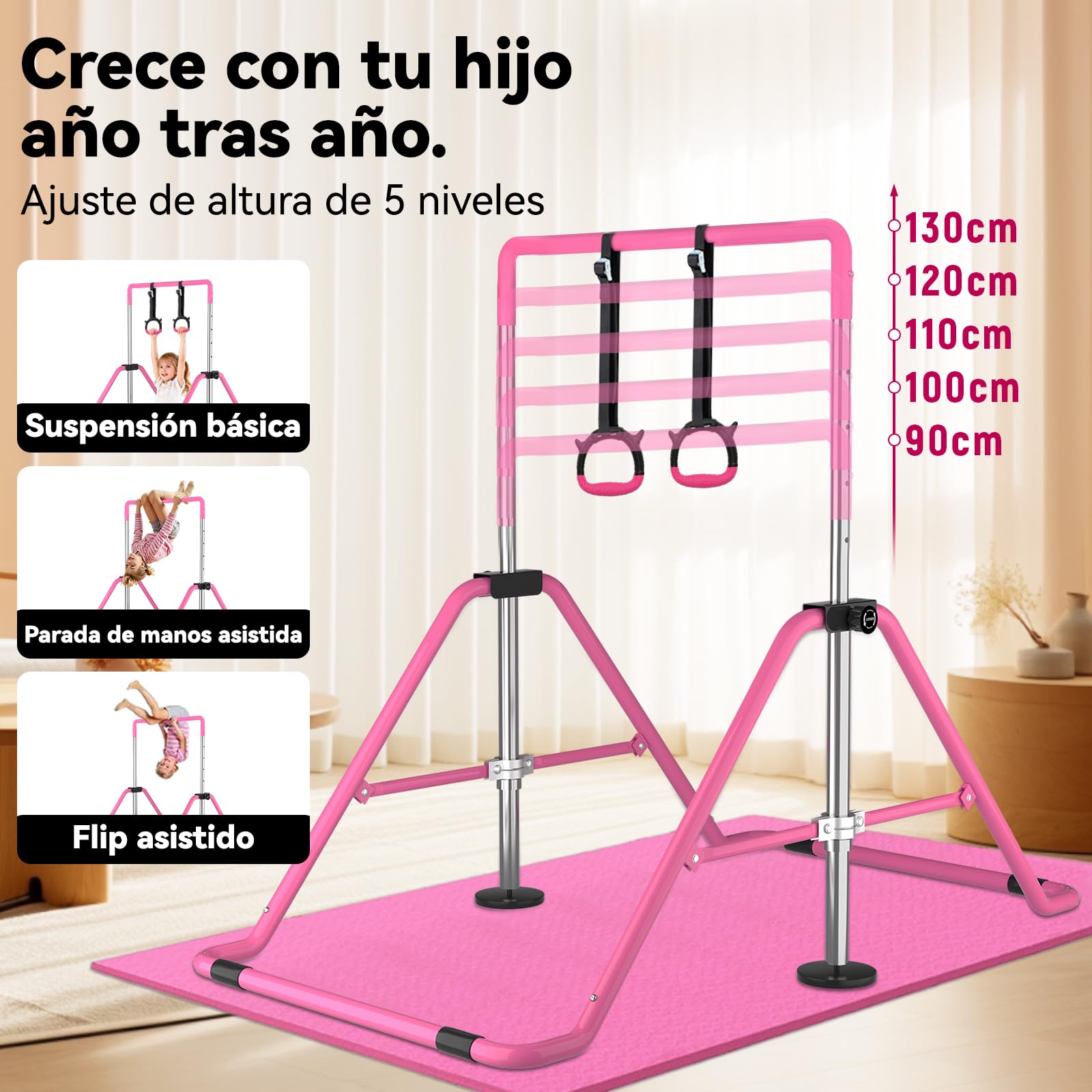 WATBKHE Barra de Gimnasia para niños, Ajustable y Plegable, Barra de Entrenamiento con Anillos, Barra Horizontal Resistente para niños y niñas