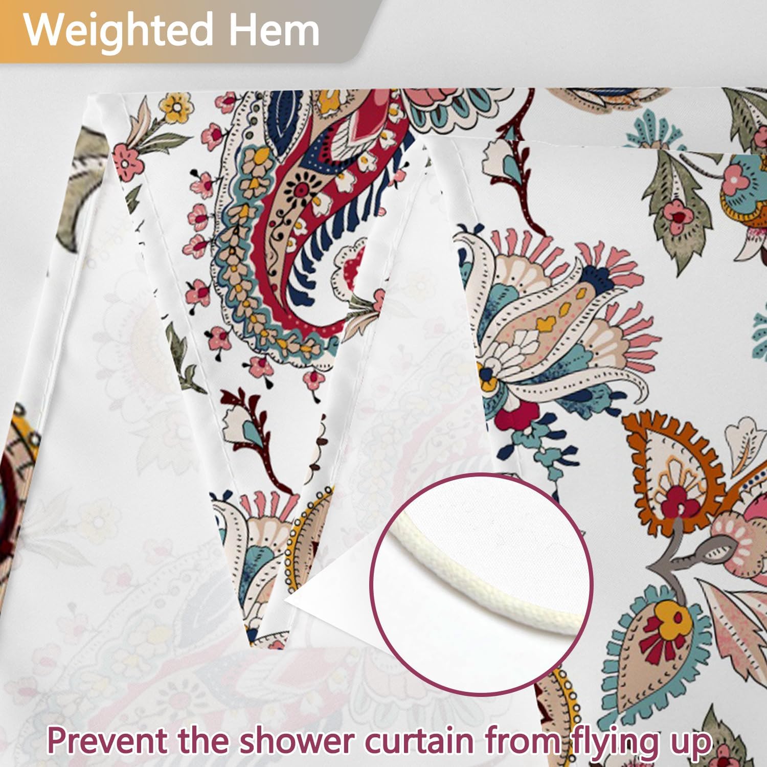 Boho Paisley Floral Shower Curtain, Vibrant Red Flower Bohemian Damask Retro Shower Curtains for Bathroom with Hooks, Waterproof Polyester Fabric Shower Curtain and Weighted Hem, 72x72 Inches