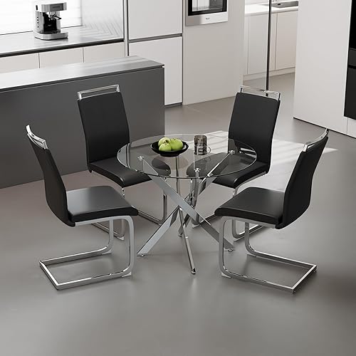 Miniatura 6 de Juego de mesa de comedor redonda de vidrio templado para 4, juego de mesa de cocina moderna de 5 piezas con 4 sillas para cocina y comedor (gris)