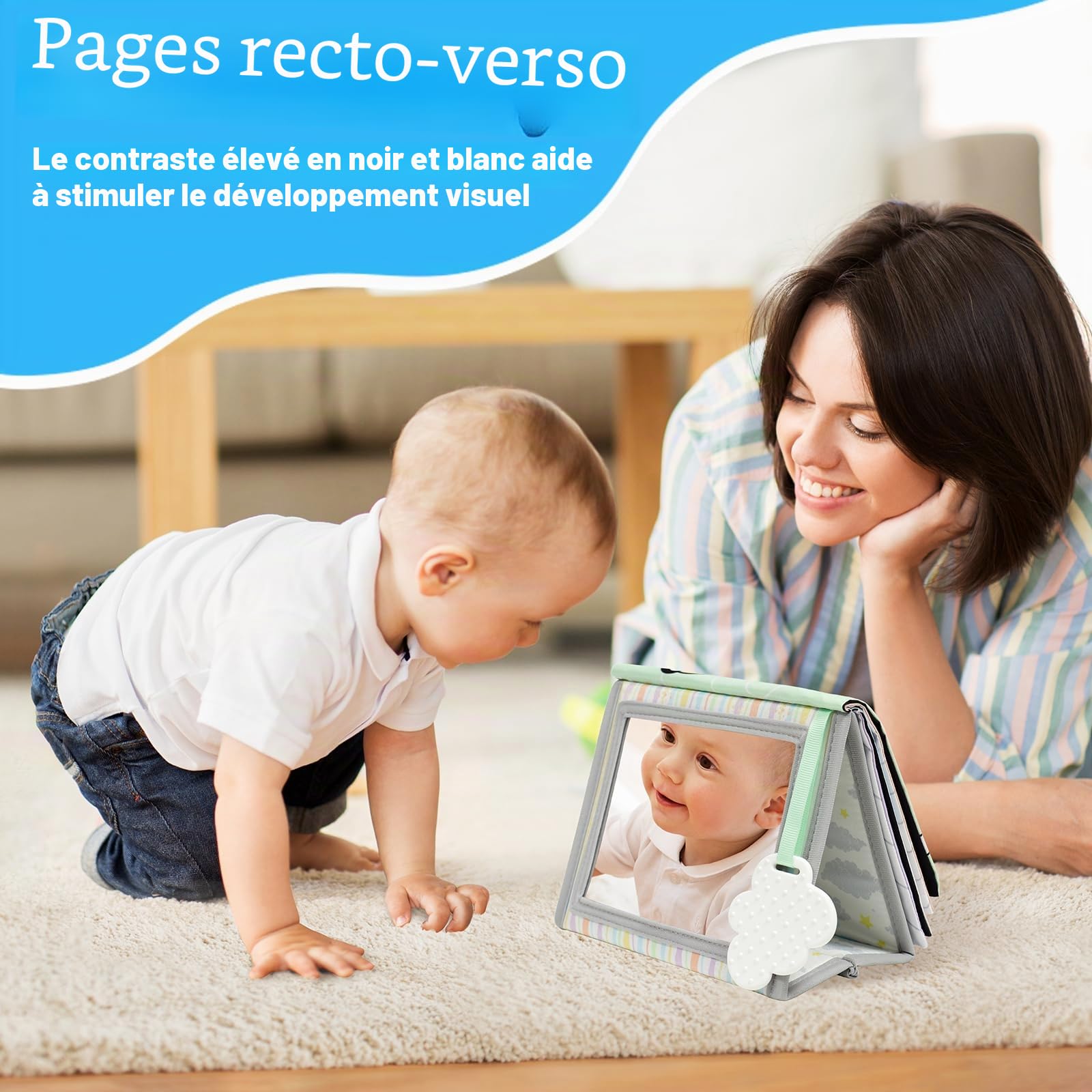 Dr.Rapeti Miroir Bebe Eveil, Miroir Montessori Jouet Noir et Blanc, Jouets Sensoriels avec Livre en Tissu Doux, Jouet avec Motif Contrasté for 0+