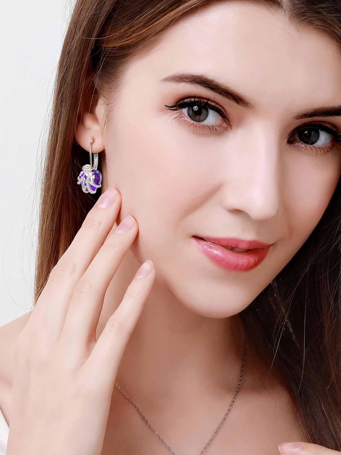 AENEAS Stocking Stuffers for Women Rose Heart Dangle Drop Earrings for Women Sterling Silver Amethyst Rose Flower Dangling Leverback Earrings Flower Jewelry Anniversary Christmas Birthday Gift for Wife Her Mom - Image 5