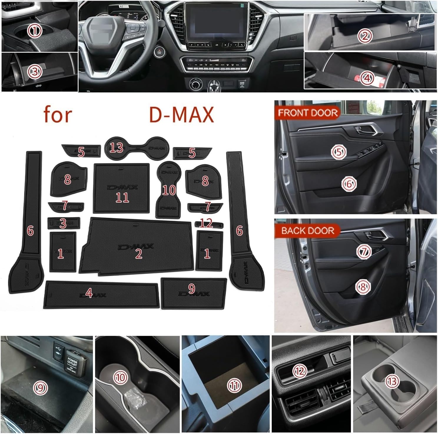 Compatible with Isuzu D-MAX 2021-2024 DMAX Anti-Slip Gate Slot Cup Mat Non-Slip Door Groove Pad Car Interior Accessories Coaster(21DMAX RED-R)