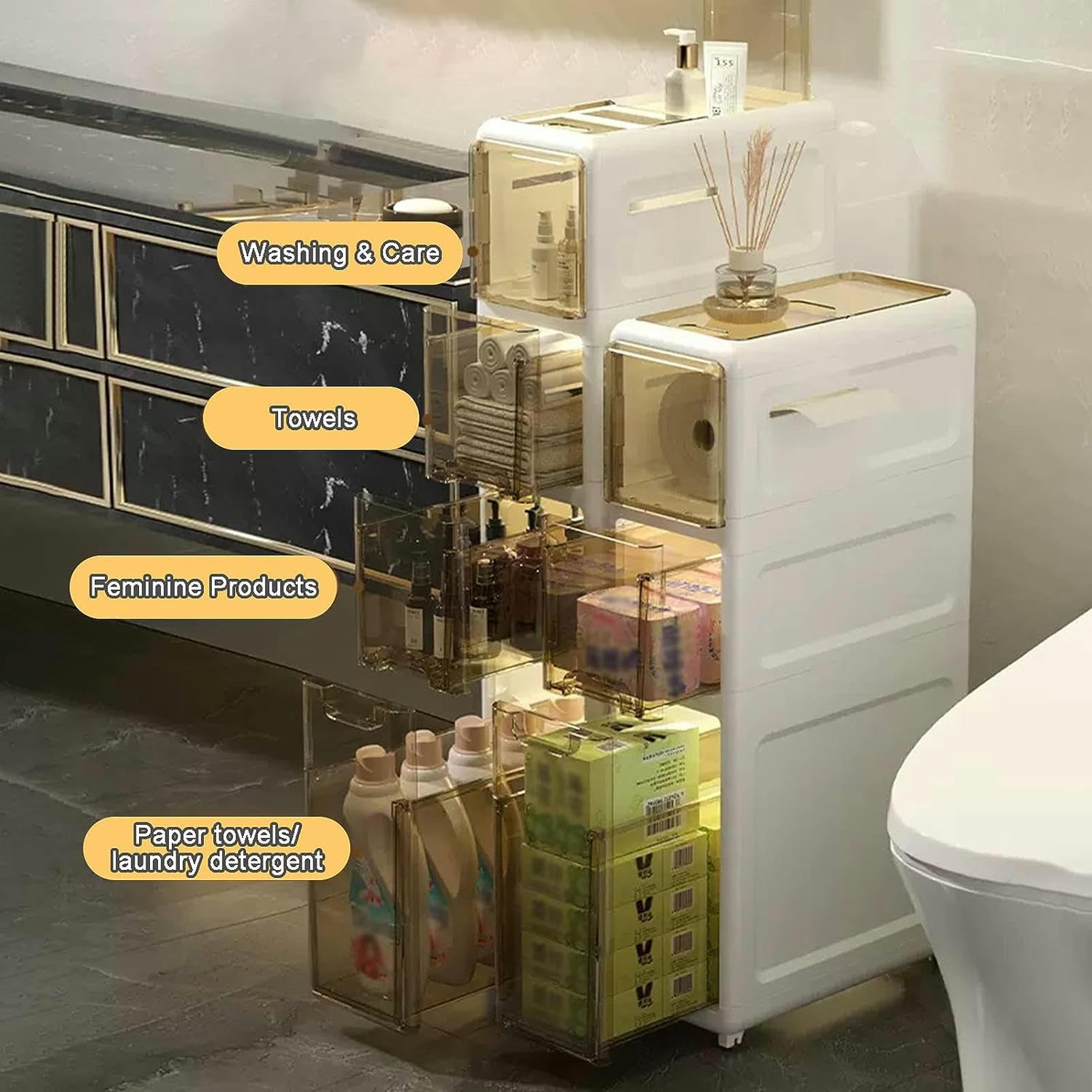 Cassettiera impilabile per bagno, camera da letto, cucina, corridoio, piccolo mobile ad angolo autoportante alto con cassetti (bianco)
