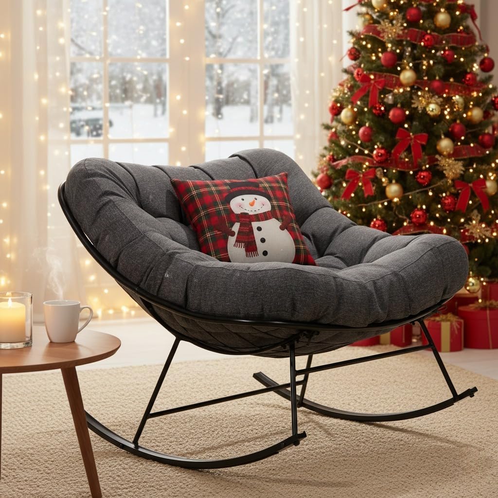 Bme Patio Rocking Chair Outdoor and Indoor, Modern Metal Lounge Rocker with Thick 7'' Cushion, 400lbs Capacity, Ergonomic Design, Easy Assembly, Grey Cushion - Black Matte Rocker