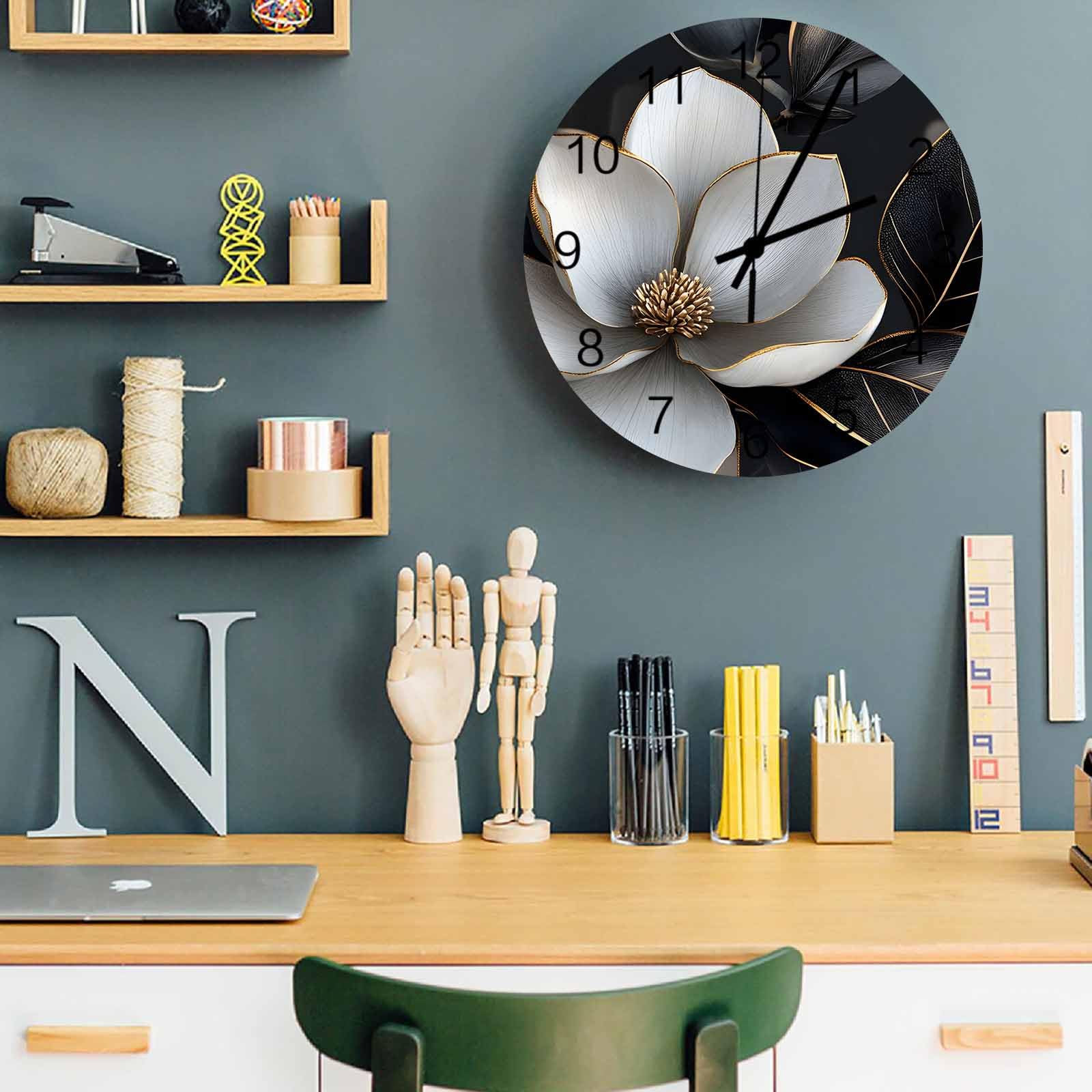 Elegante reloj de pared con diseño de flores, silencioso, sin tictac, primavera, botánico, floral, negro, grande, funciona con pilas, decoración para el hogar, cocina, sala de estar, baño, oficina