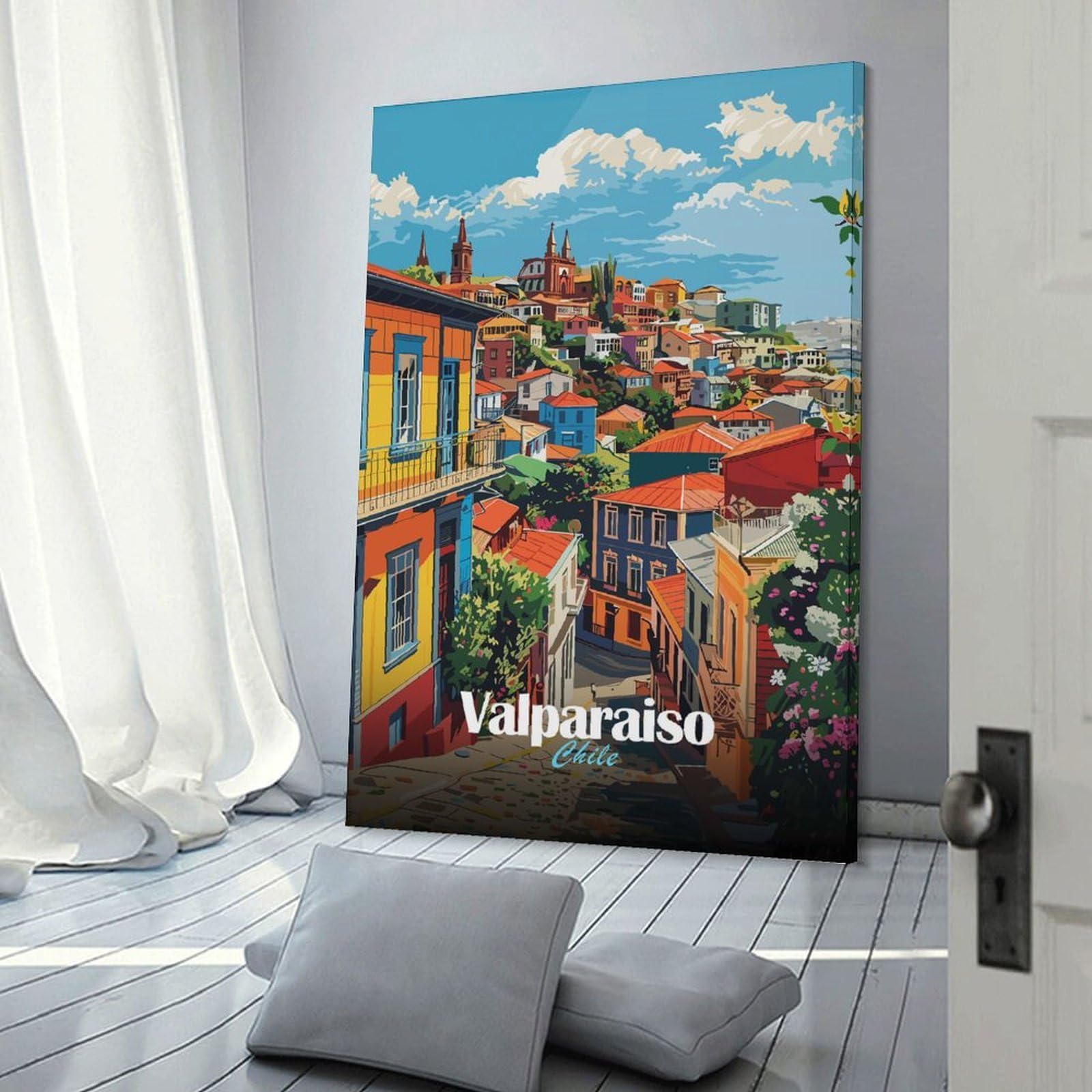 Junmoney Valparaiso, Chile Cityscape Room Decor Wall Art, 24x36inch(60x90cm), for Bedroom Walls, Guest Spaces Or Lounges, Stylish Decor for A Restful Room Update