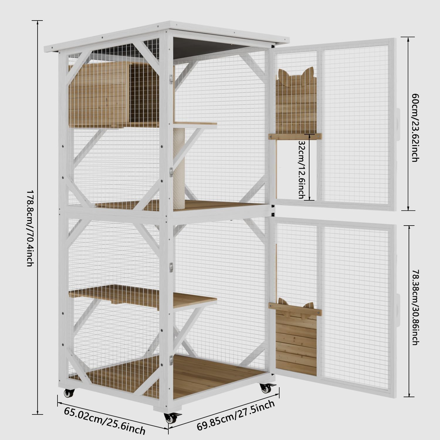 OFIKA Cat House Catio Outdoor Enclosure with Waterproof Roof,71'' cat House & Condos on Wheels for Outdoor Patio,Cat Window Box,Scratching Post（White）