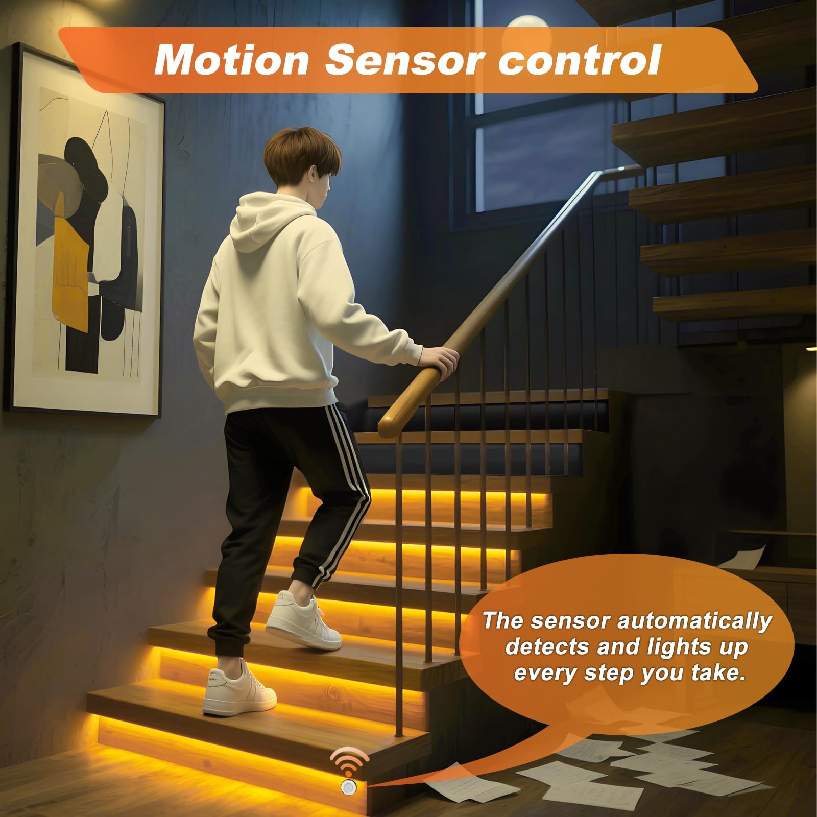 Smart Treppenlicht System mit Bewegungsmelder, 16 Stufen COB LED Stufenbeleuchtung 3000 K Warmweiß, Intelligente Treppenbeleuchtung mit Lichtsensor, Automatische Innenbeleuchtung für Treppen