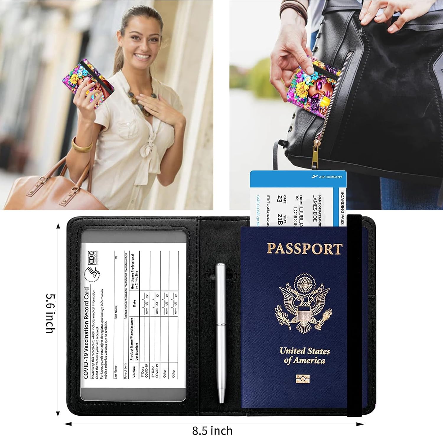 Passport & Vaccine Card Holder Combo with Free Pen, PU Leather Passport Holder for Travel Women & Men, RFID Blocking Passport Cover Case for Family Travel Must Haves,African American Girl-7777