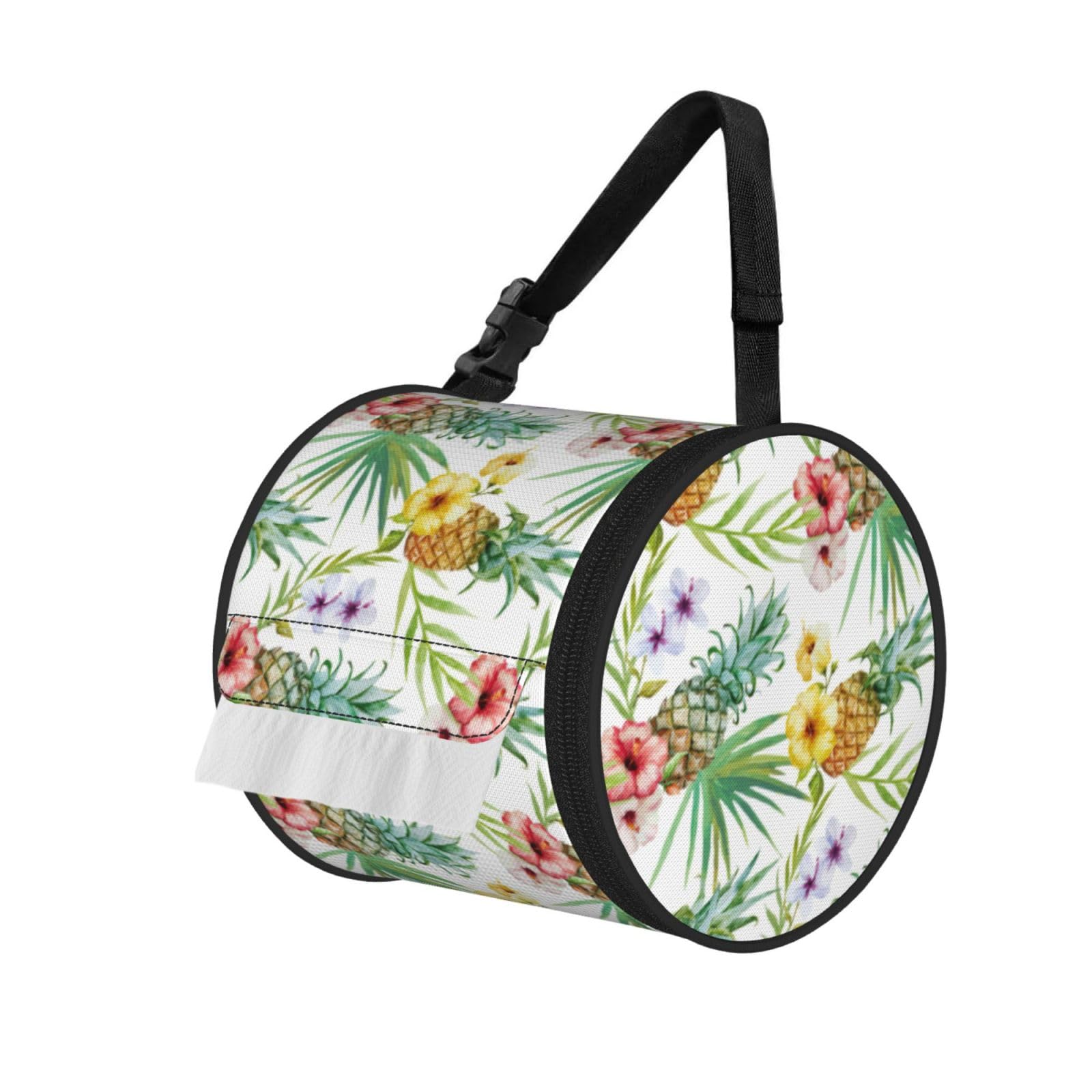 Jiuty Black Tropical Pineapple Print Cylinder Tissue Organizer Bag With Strap, Portable Toilet Roll Holder For Camping Car