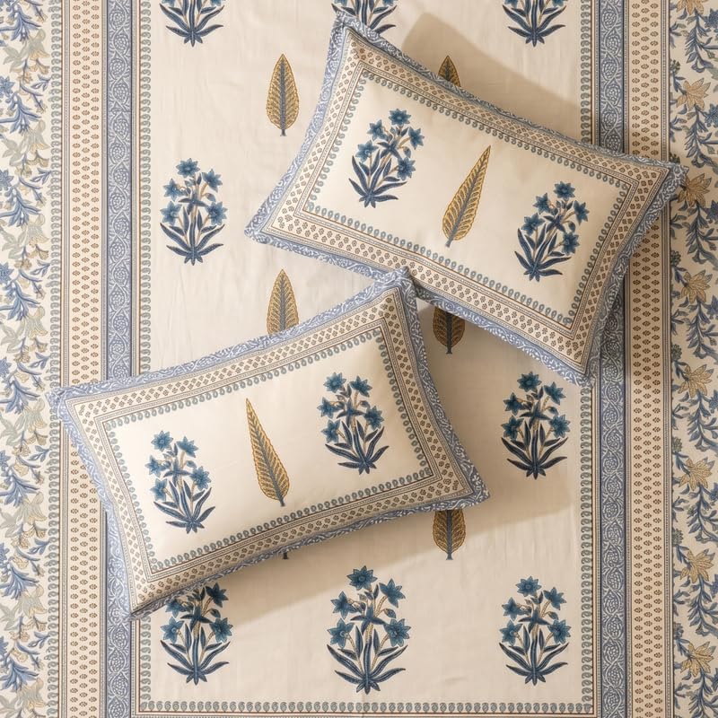 Image of Naksh Bedsheet for Double Bed King Size Blue Floral Block Print 2 Pillow Covers | Block-Print Inspired Design | Ornate Borders Heritage Craft in Bed Sheet Double Bed | Royal Sajawat Collection |