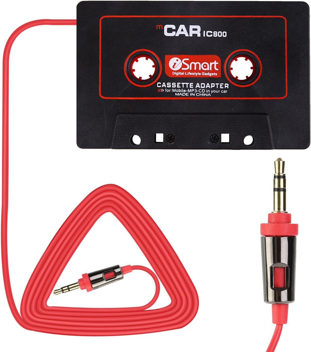 Universal Car Audio Travel Cassette Adapter, 3.5mm AUX Audio Music Cassette Tape Player Adapter MP3 Player Converter Compatible with Android Phones, iPad, MP3 Players (Black Red)
