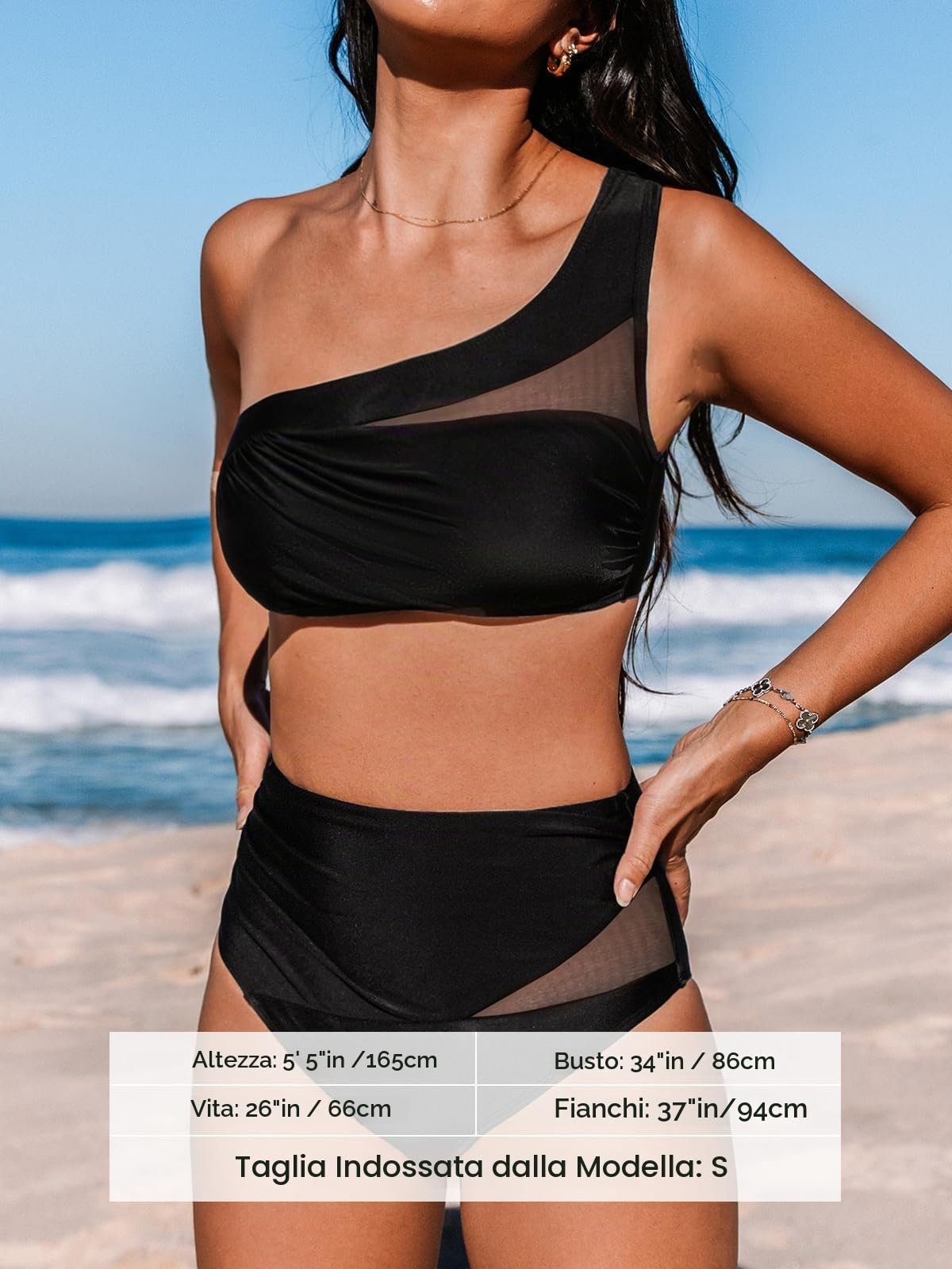 CUPSHE Bikini da donna Monospalla Costume da bagno a due pezzi a vita alta con collo asimmetrico increspato in rete, nero, XL