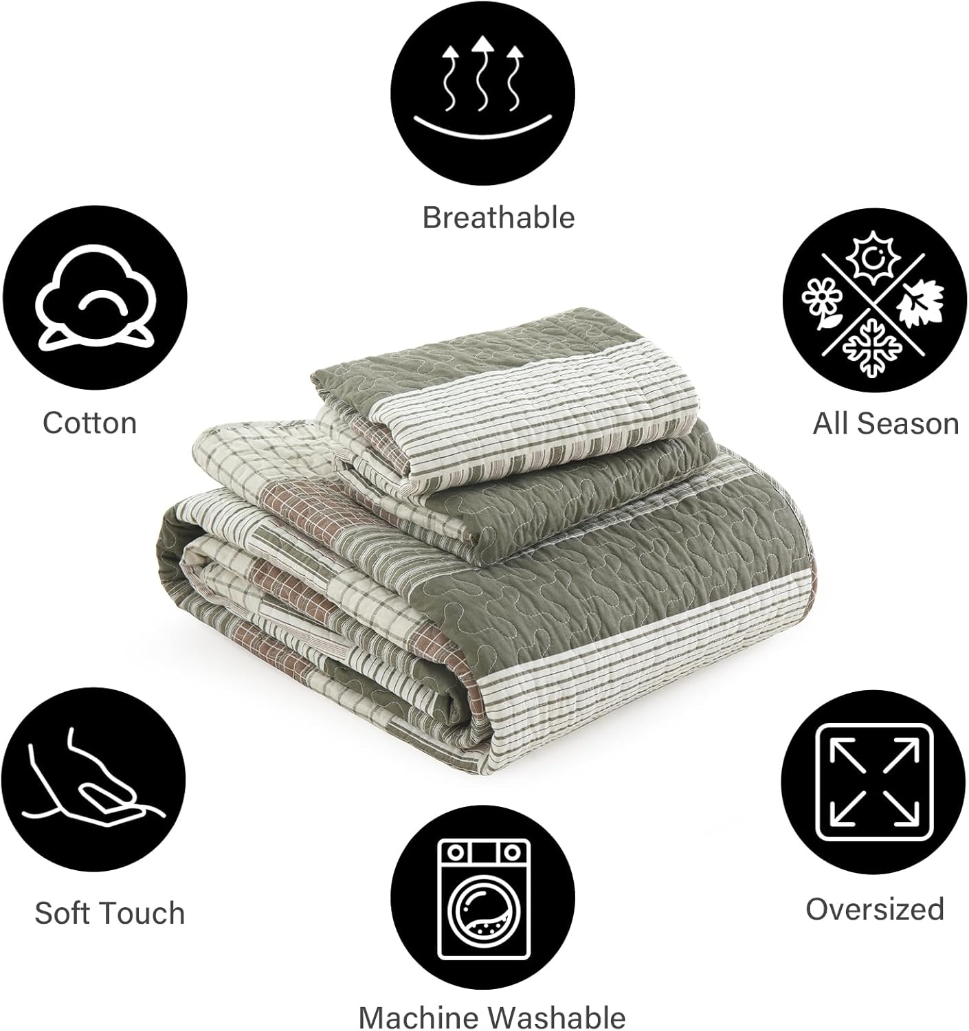 PANGUSHAN 100% Cotton Quilt Set King Size, Patchwork King Quilt Bedding Set Bedspreads, Farmhouse Lightweight Comforter Reversible Quilt, King Bed Spread for All Season, Green/Brown/Cream - Image 5