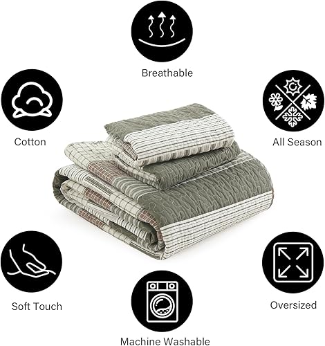 Vista 44 de PANGUSHAN Juego de edredón tamaño Queen, juego de ropa de cama 100% algodón, colcha de retazos a cuadros, reversible, ligero, colcha para cama Azul