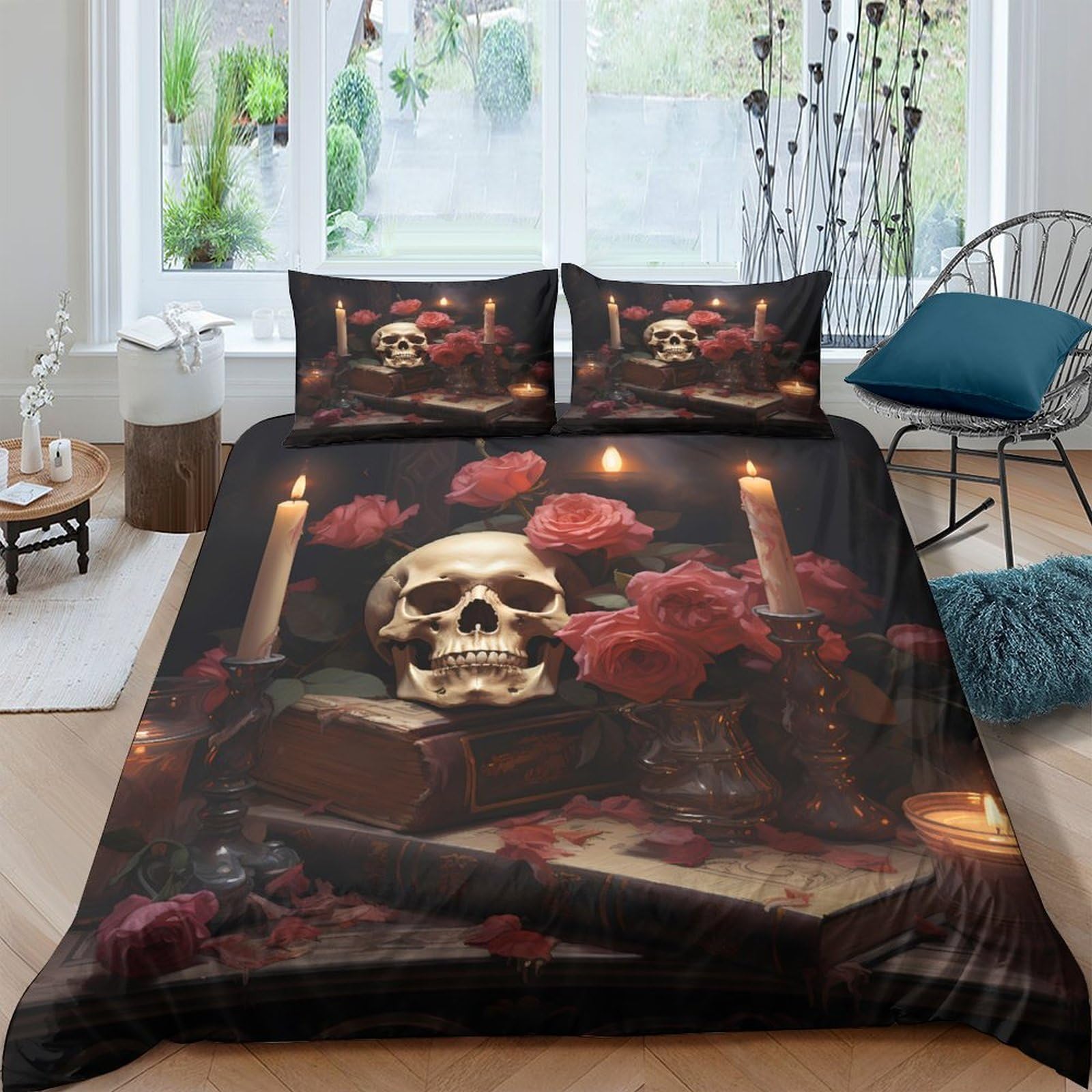 Ctjqhvkz Style-1 3D Printed Skull Candle Fitted Sheet Microfiber Gothic Rose Bed Cover For Bedroom Guest Room Decor Easy Care Single（135X200cm）
