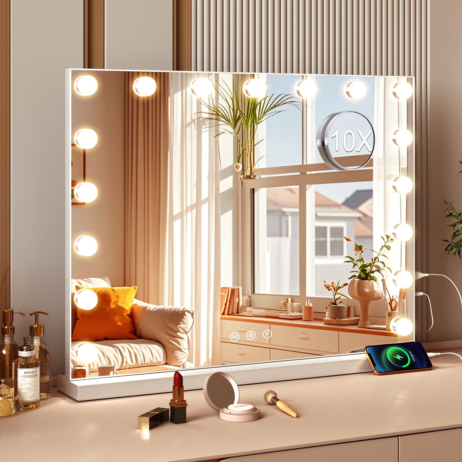 Saimeihome Hollywood Vanity Mirror with 17 LED Dimmable Bulbs, Makeup Mirror with 3 Color Modes, Smart Touch Mirror with Adjustable Brightness, 10x Magnifer, Tabletop 60 x 52 cm (White)