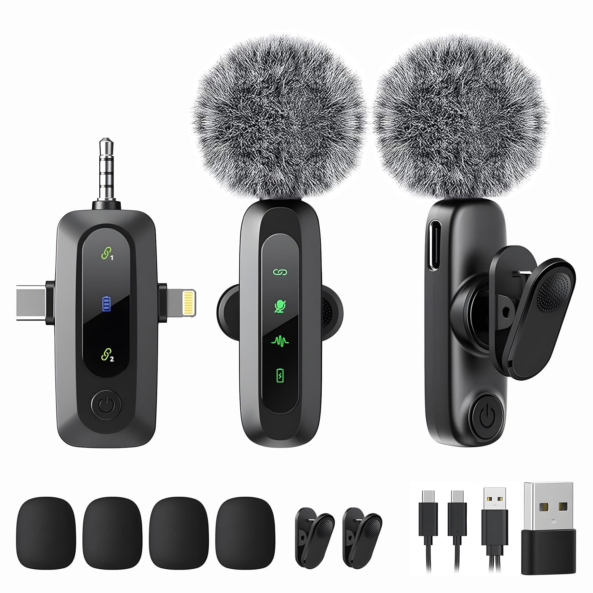 Micrófono Lavalier inalámbrico profesional 3 en 1 para iPhone/Android/cámara (Lightning/USB/conector de 3.5 mm), 2 micrófonos Bluetooth con pantalla LED con silencio/ruido, para video de vlog, Youtube