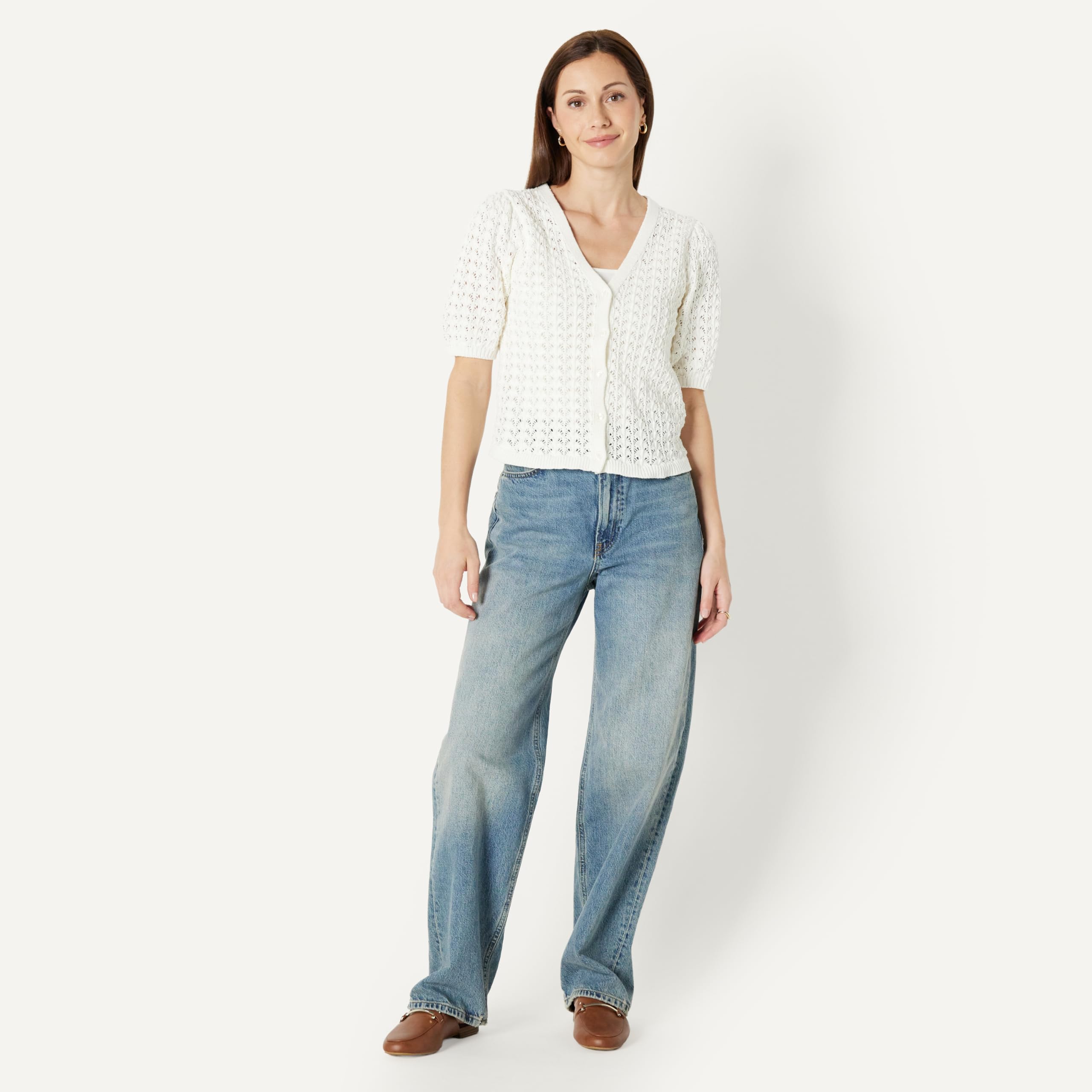 Amazon Essentials Donna Cardigan a Maniche Corte all'Uncinetto dalla vestibilità Comoda