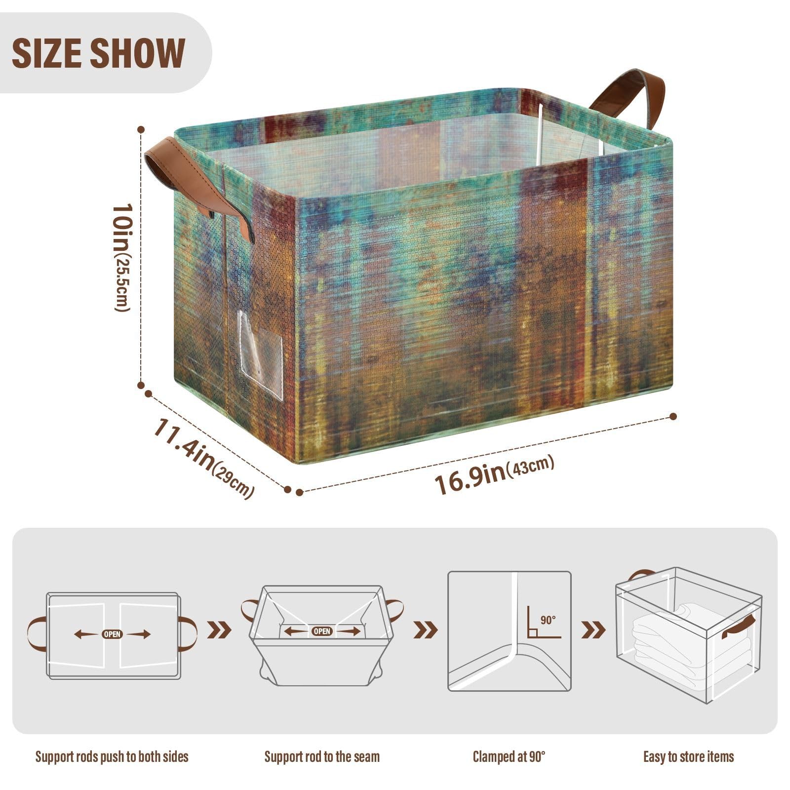 Antique Frame with Vintage Background Brown Green Blue Retro 2PC Rectangle Foldable Frame Basket Leather Handles Storage Bin for Laundry Bathroom Organizer M 16.9 x 11.4 x 10 inch