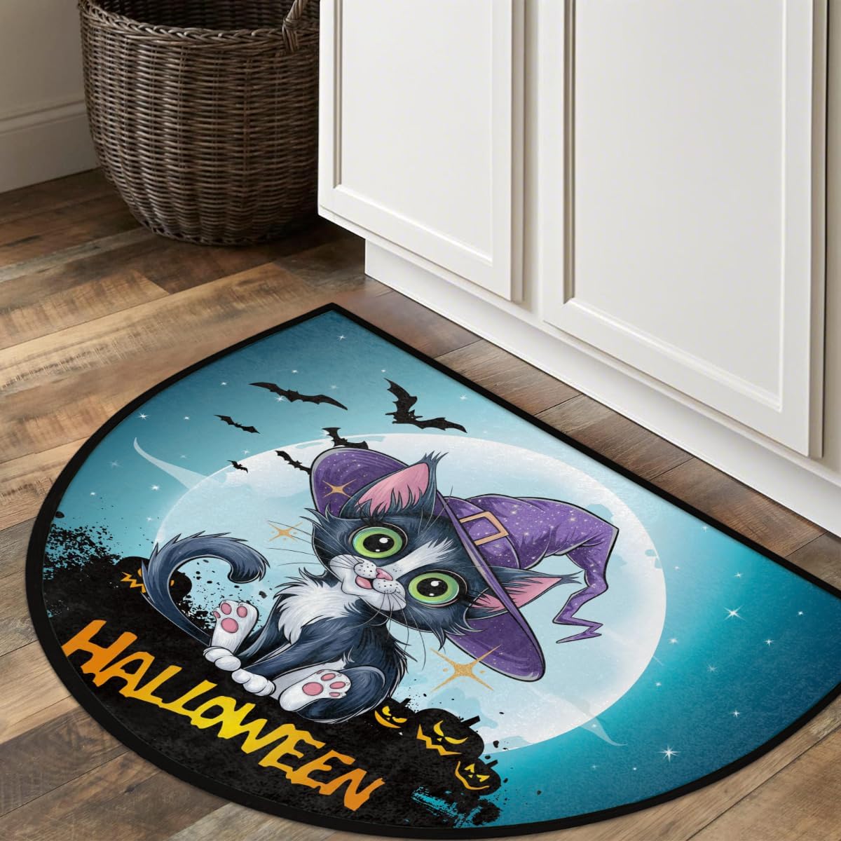 Half Round Doormat Halloween Black Cat Washable Semi Circle Area Rug Non Slip Half Moon Rug Holiday Decor Mat for Indoor Outdoor Bathroom Kitchen Welcome Fireplace Hearth Floor Mat